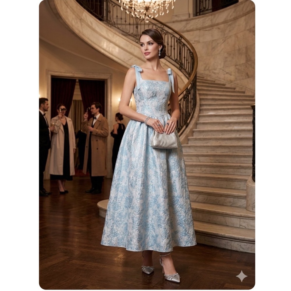 Floral Brocade Gown Light Blue Silver Jacquard Ribbon Strap Formal Maxi Dress S